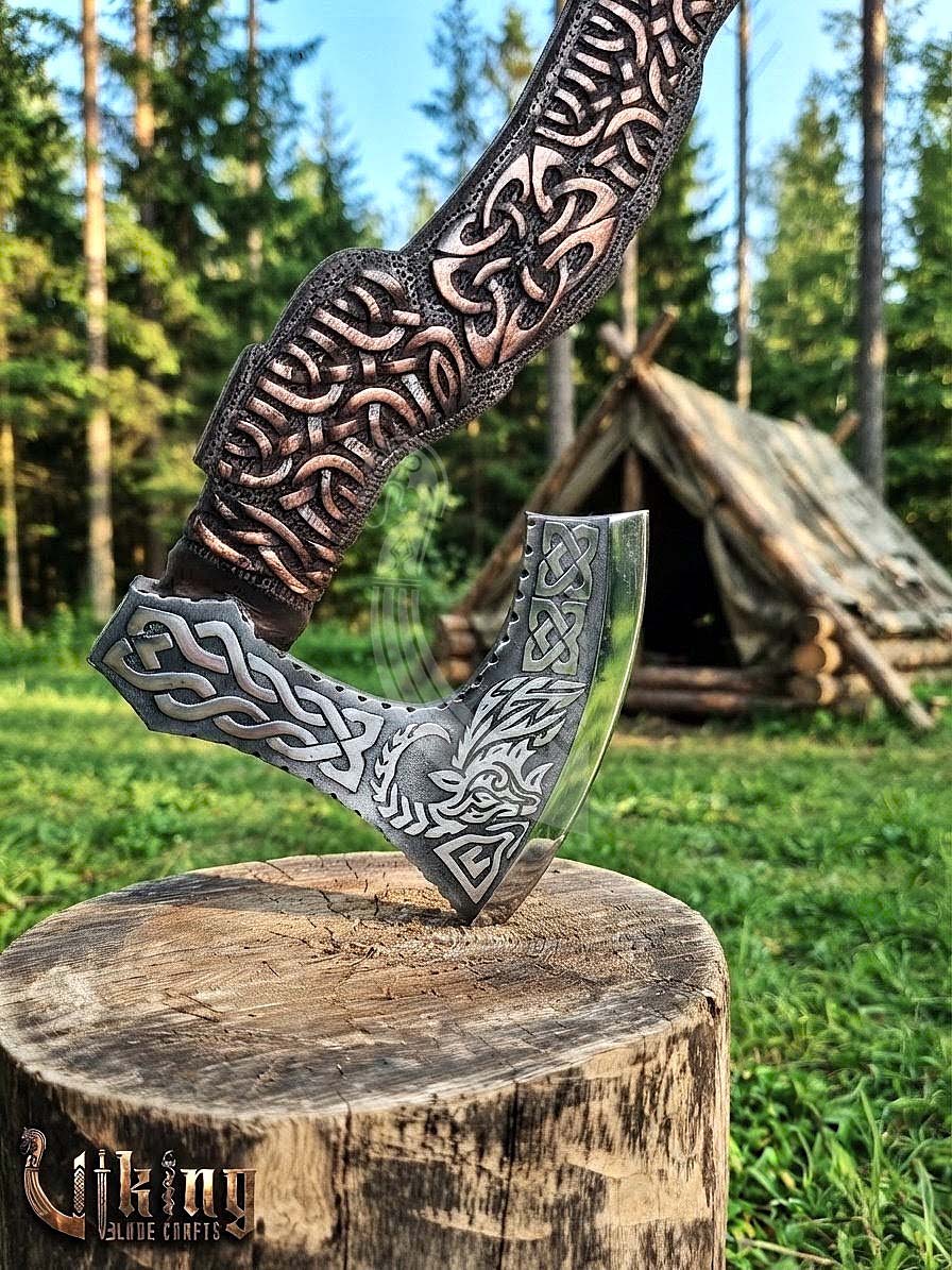 Hand-Forged 23" Norse Goat Carved Rosewood Axe | Goat Etched