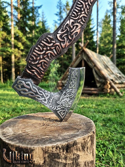 Hand-Forged 23" Norse Goat Carved Rosewood Axe | Goat Etched