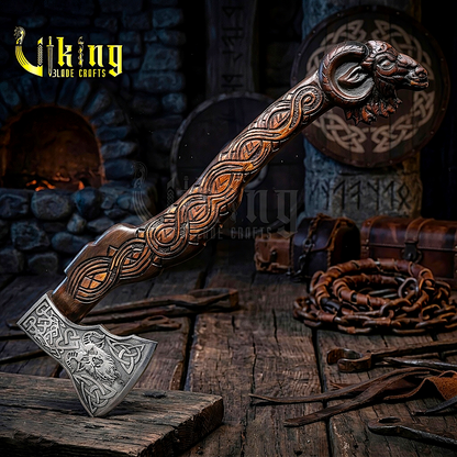 Viking goat axe with hand carved geit handle and forged steel blade