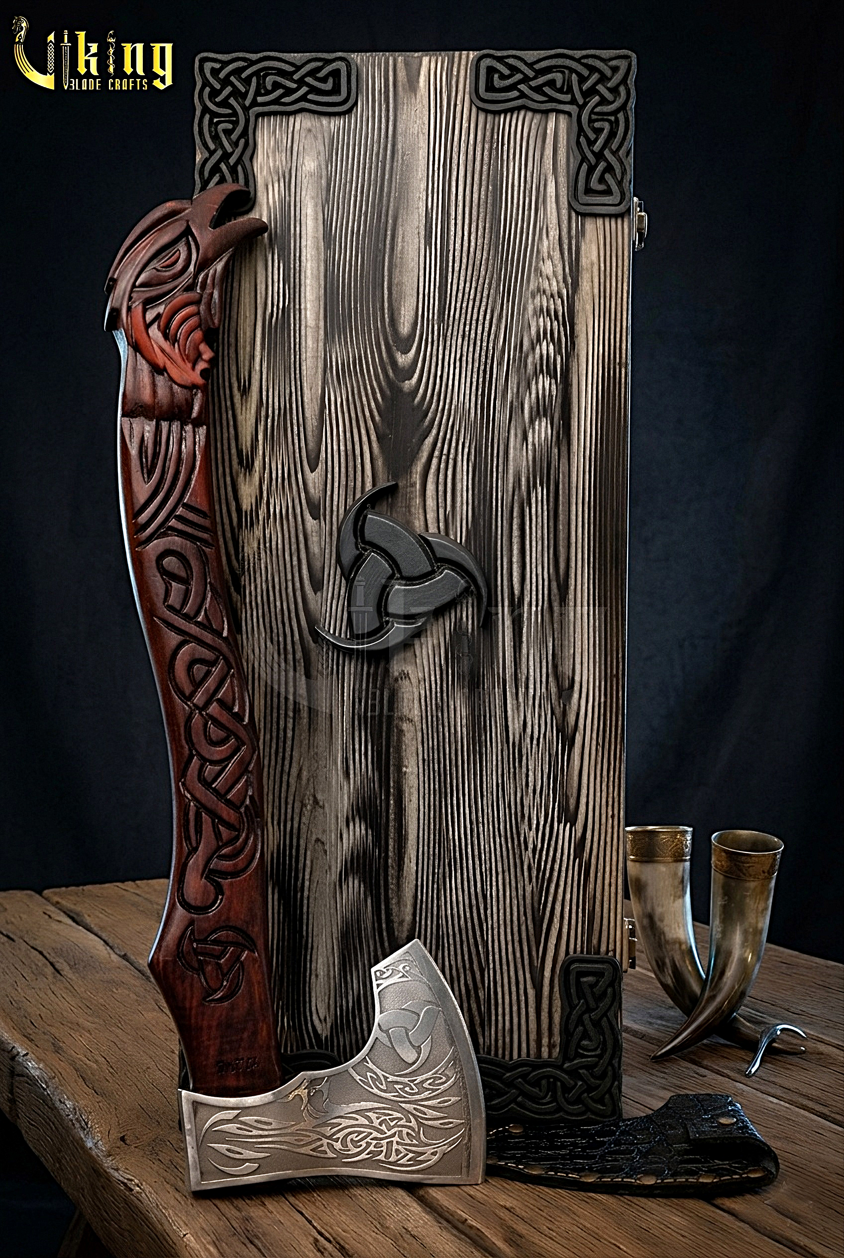 forged steel Viking axe with custom carved raven handle