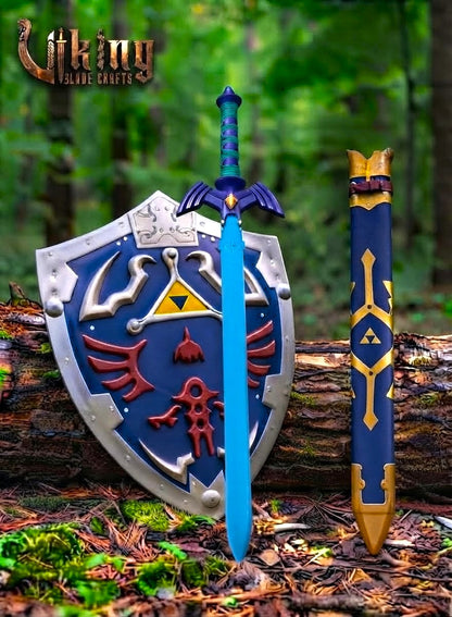 Zelda Master Sword & Hylian Shield Set — Blue Color-Plated Blade
