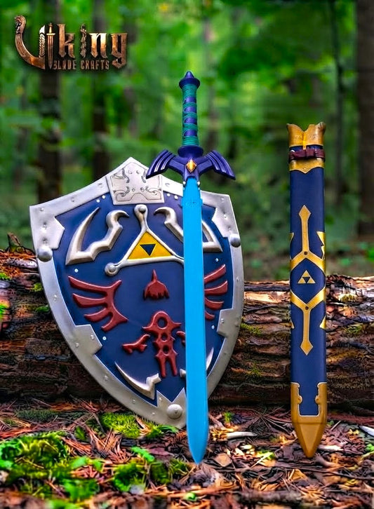 Zelda Master Sword & Hylian Shield Set — Blue Color-Plated Blade
