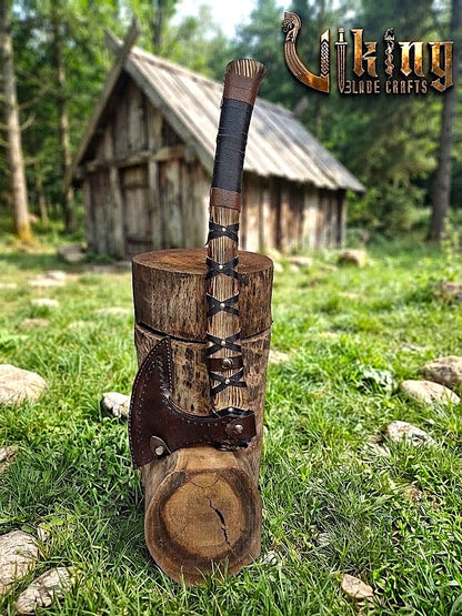 Ragnar-Inspired Damascus Viking Axe | Curved Ashwood Leather-Wrapped