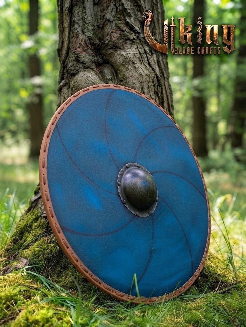The Ægir’s Wake Sea-Blue Leather-Trimmed Viking Shield
