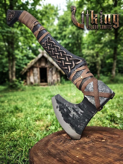 Hand-Forged Viking Bearded Axe 30" | Urnes-Style Knotwork Carved Ashwood