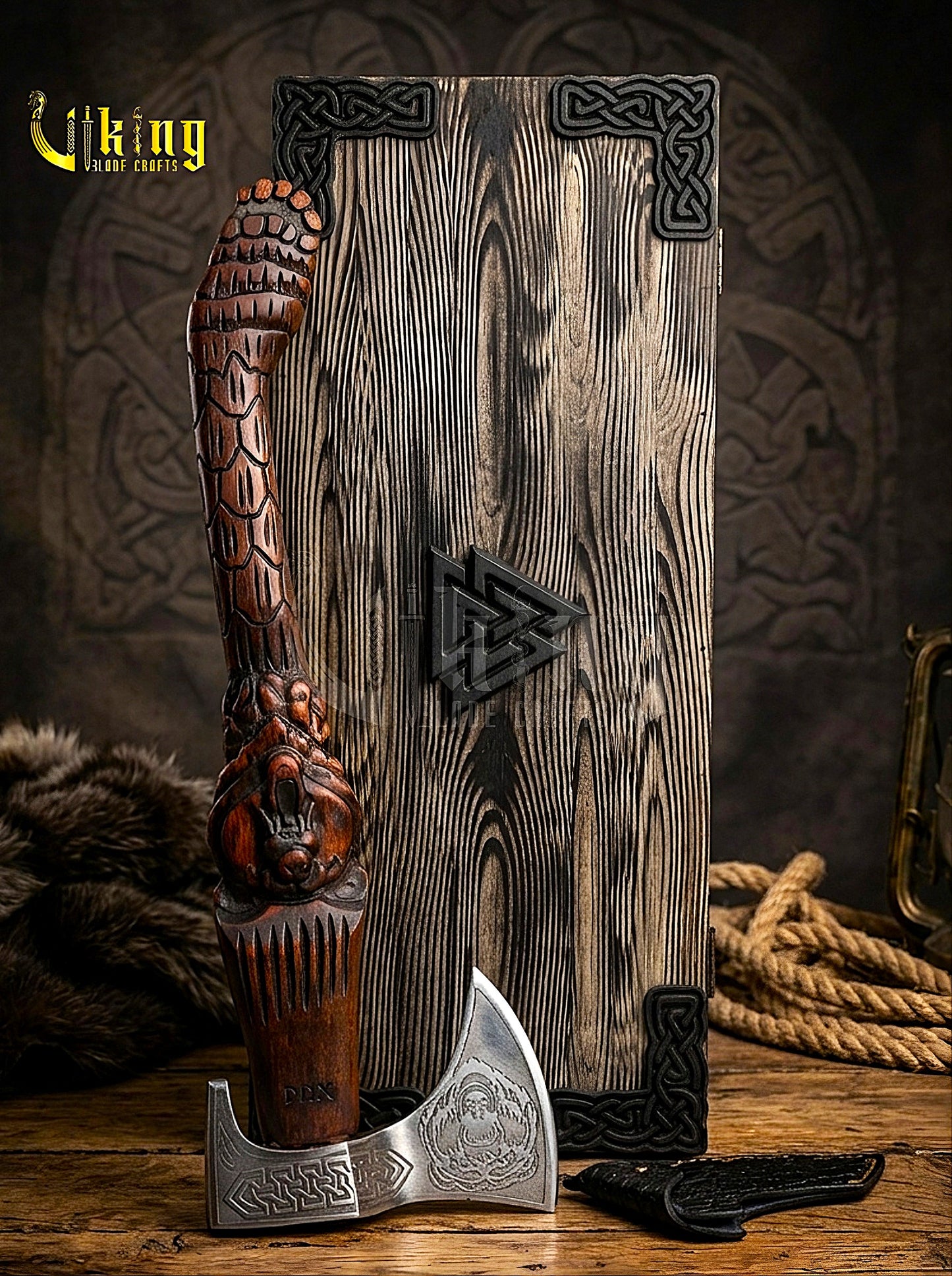 Bjorn Viking axe with detailed bear carving and wooden handle