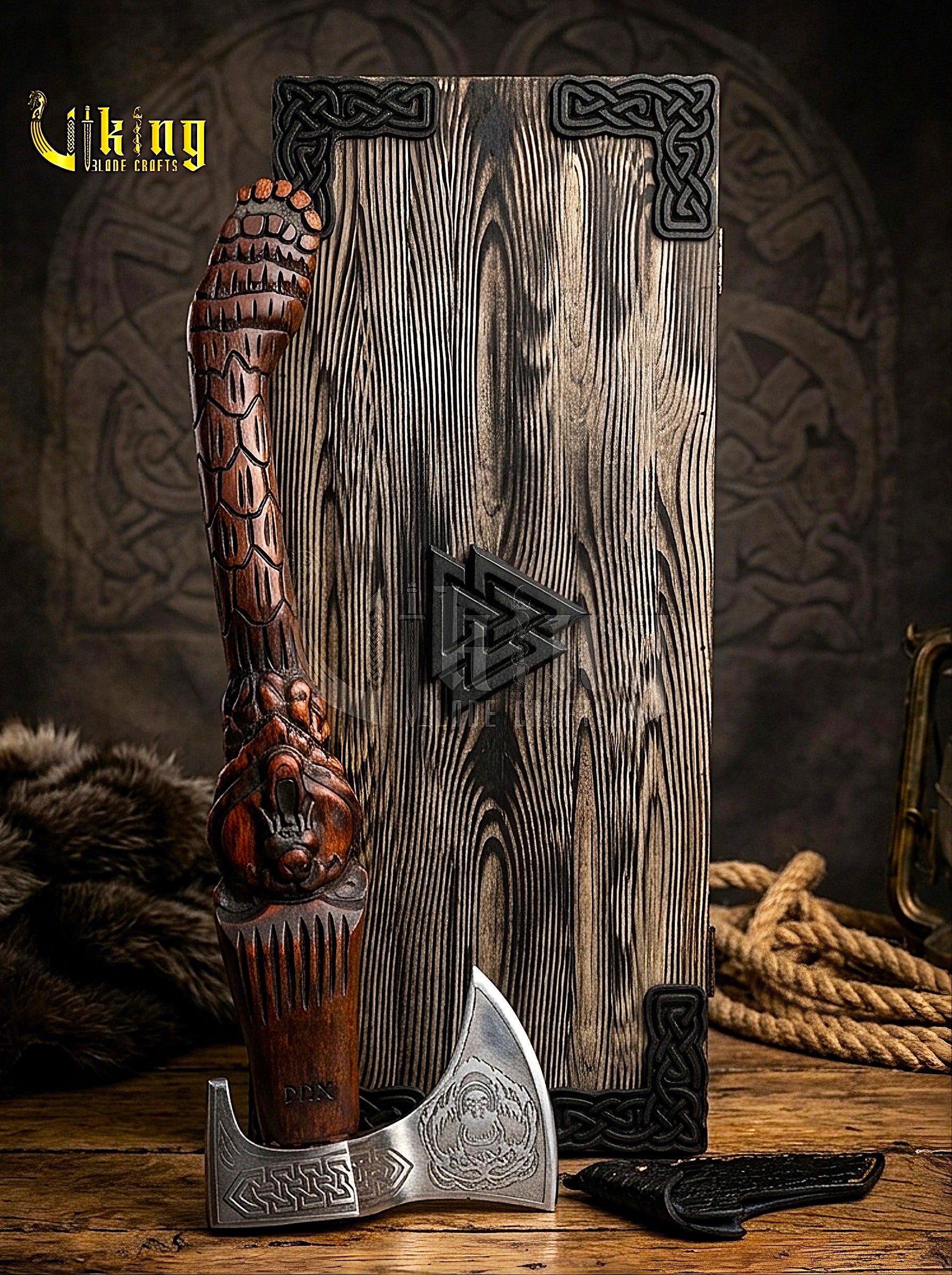 Bjorn Viking axe with detailed bear carving and wooden handle