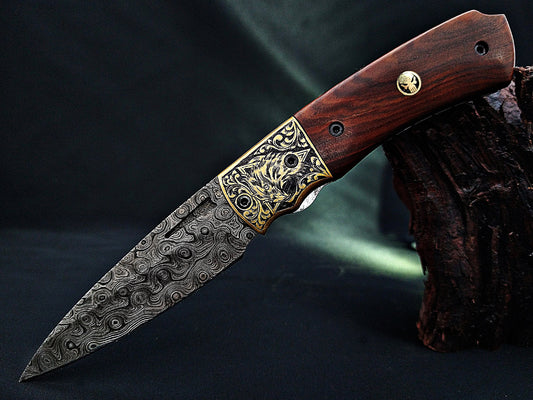 Damascus Steel Folding Pocket Knife – Viking Eagle Engraved Rosewood Handle