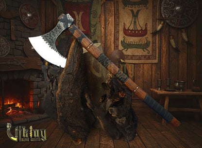Hand-Forged 36" Viking Battle Axe with Leather Sheath