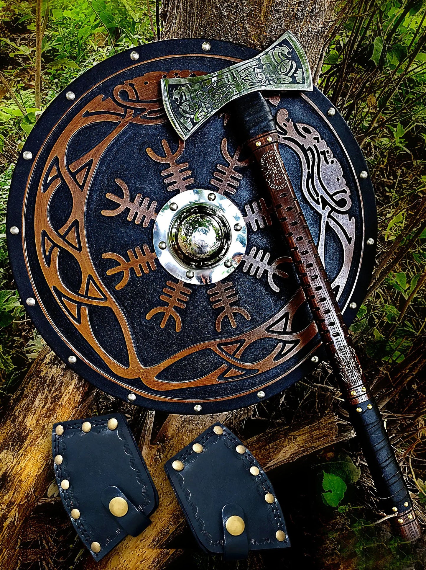 The Helm of Awe 30" Viking Axe & Carved Wooden Shield – Norse Warrior Set Viking_Blade_Crafts