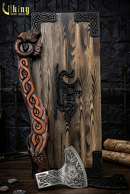 Norse Thor goat axe with carved wooden handle and steel blade