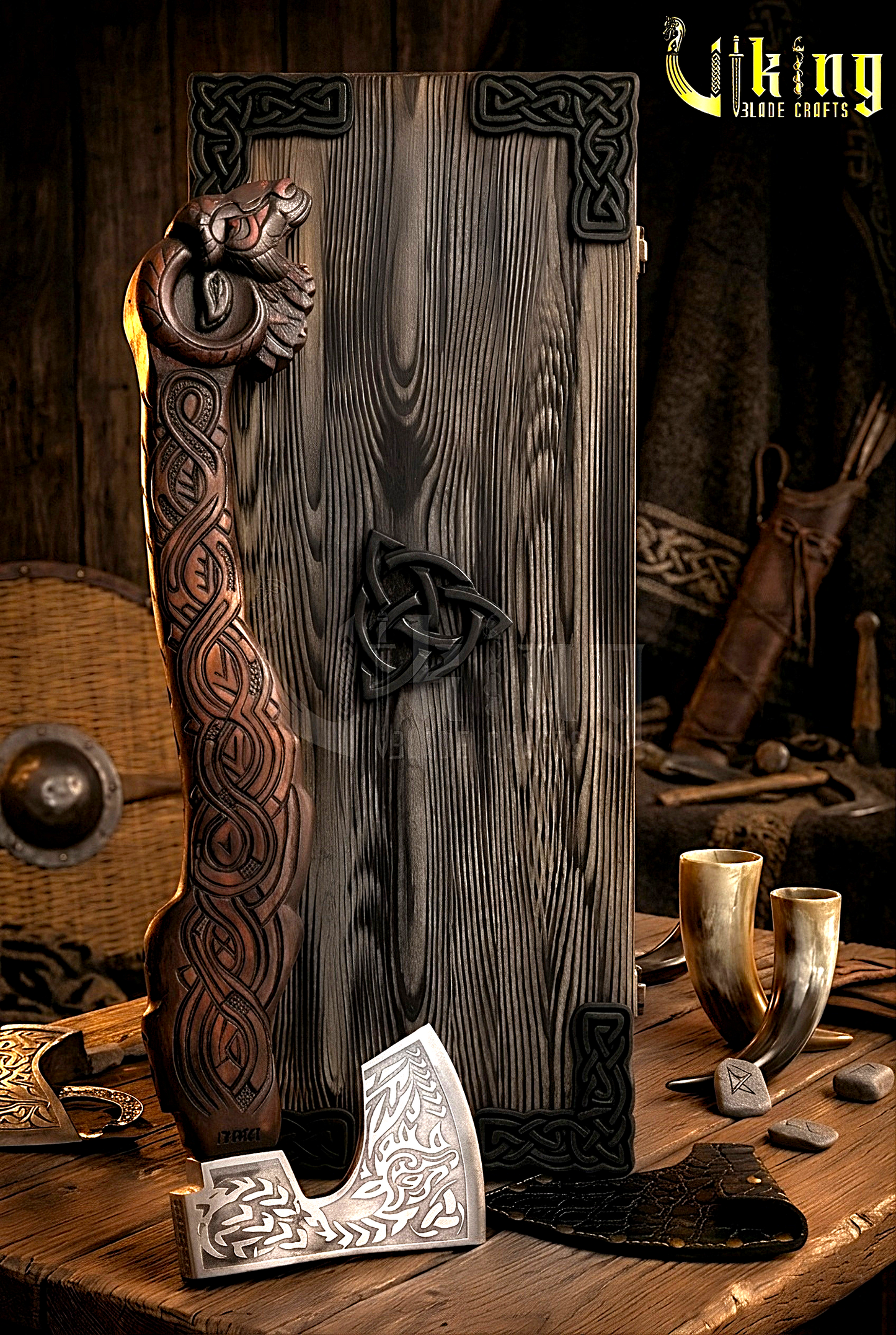 Viking axe with carved goat design and rosewood handle