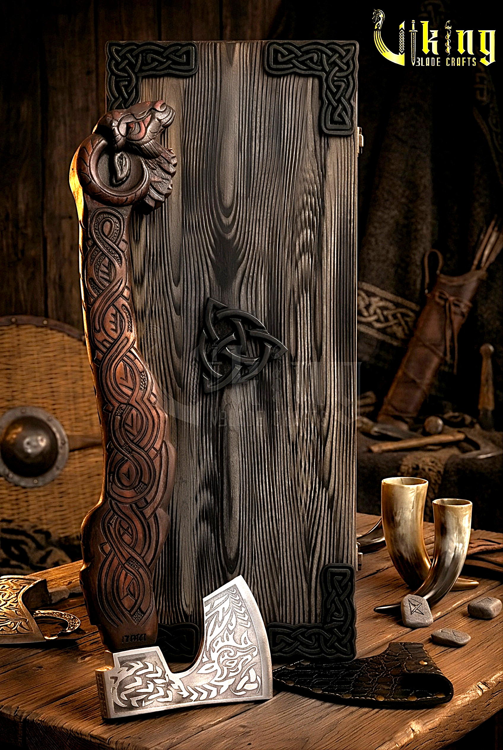 Viking axe with carved goat design and rosewood handle