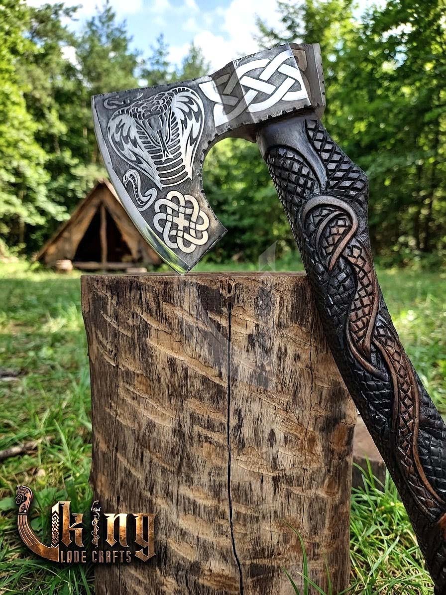 Hand-Forged Norse Serpent Carved Rosewood Axe 23" | Serpent Etched