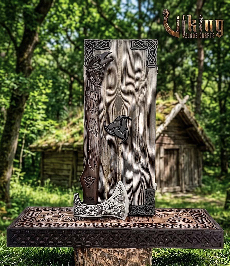 Huginn Muninn Viking Axe | Raven Carved Handle | Forged Steel
