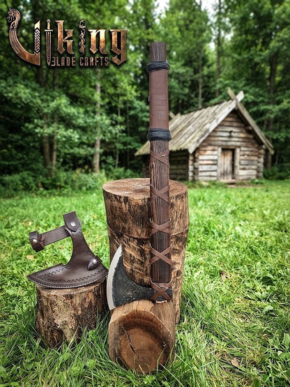 Ragnar-Inspired Viking Bearded Axe | Dark Brown Leather-Wrapped