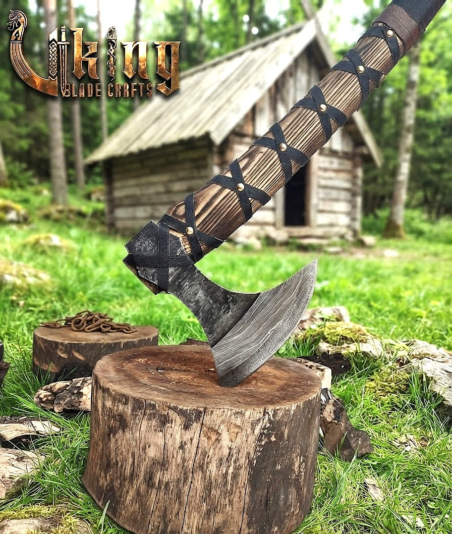 Ragnar-Inspired Damascus Viking Axe | Curved Ashwood Leather-Wrapped