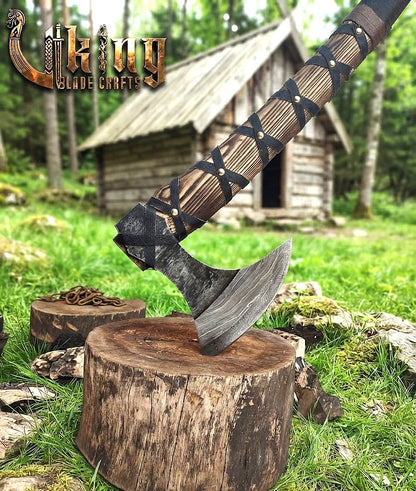Ragnar-Inspired Damascus Viking Axe | Curved Ashwood Leather-Wrapped