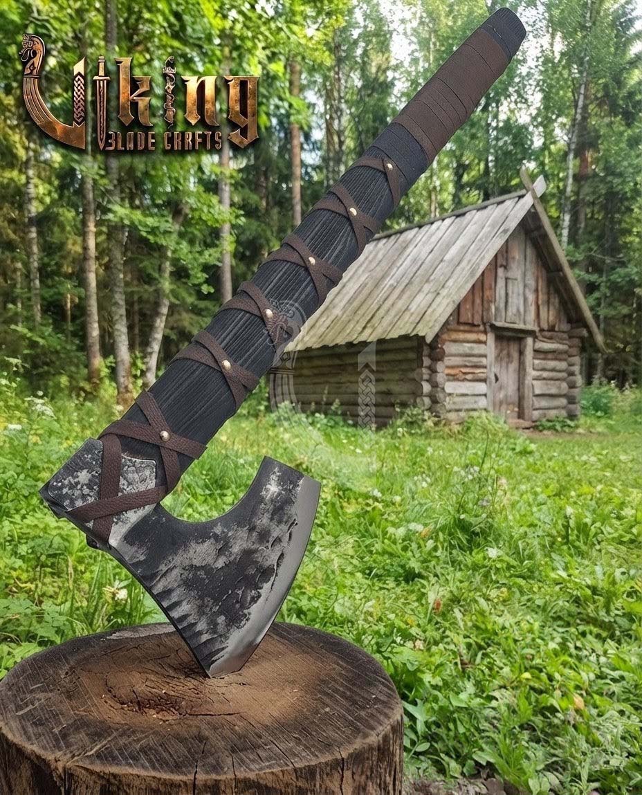 True Hand-Forged Viking Bearded Axe 30" | Leather-Wrapped Corrugated Skeggøx