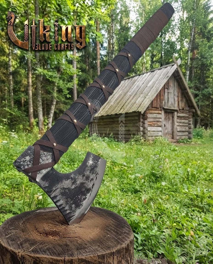 True Hand-Forged Viking Bearded Axe 30" | Leather-Wrapped Corrugated Skeggøx