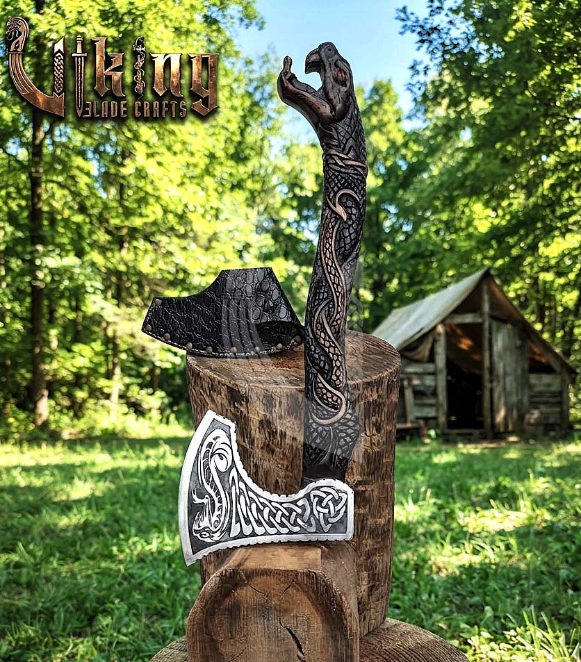 The Jormungandr Wrath 23" Hand-Forged Norse Serpent Carved Rosewood Axe
