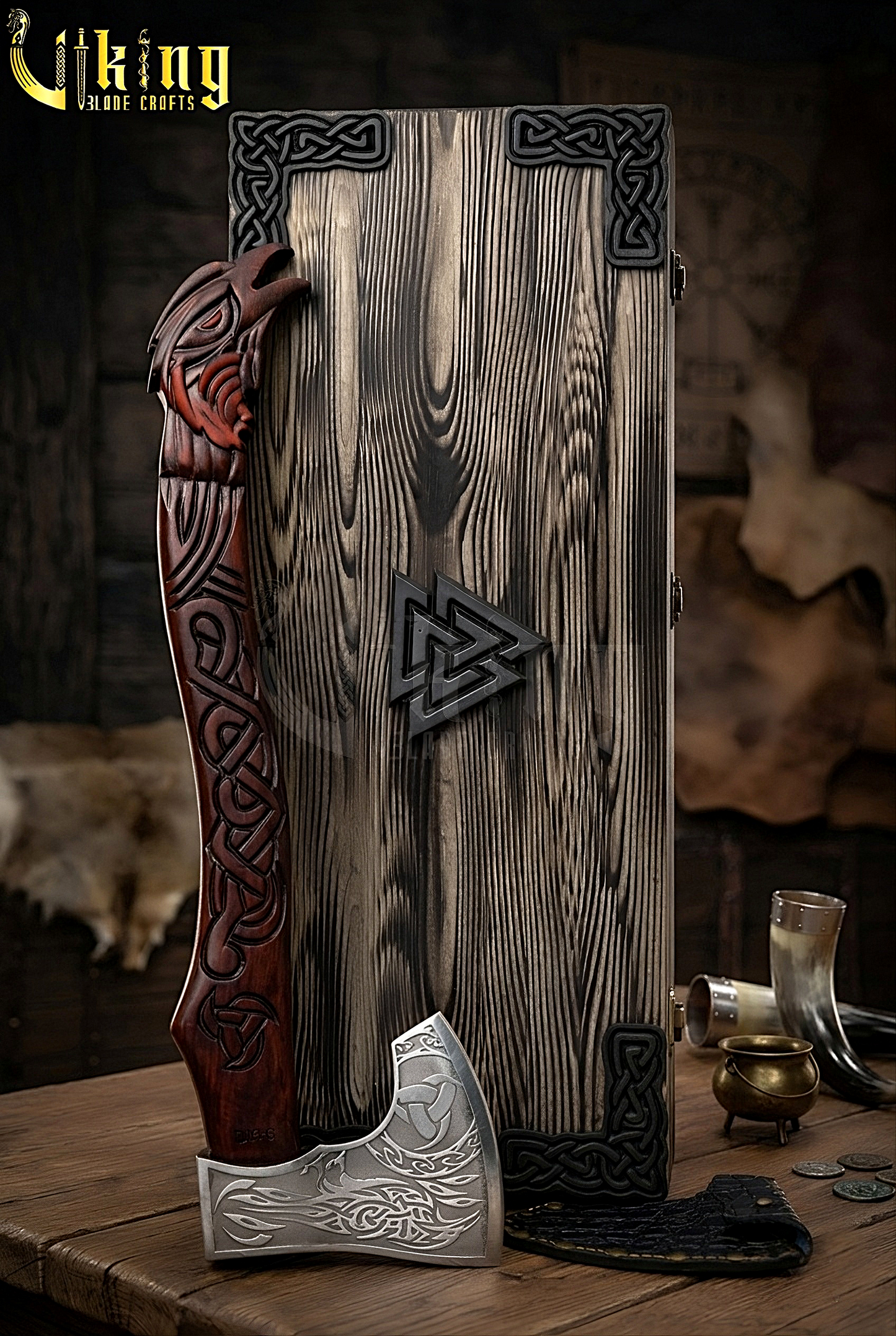 artisan crafted Viking axe with hand carved rosewood handle