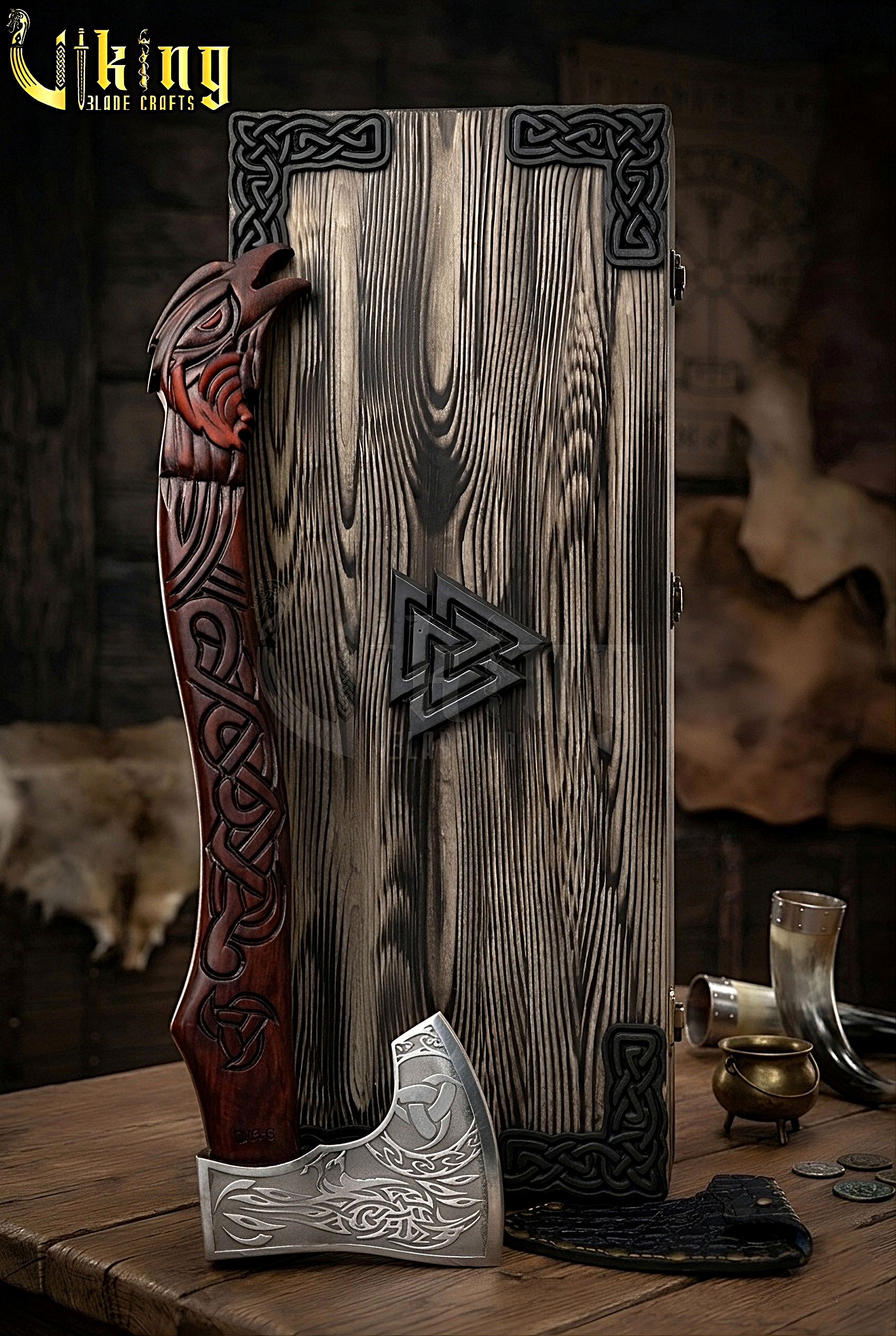 artisan crafted Viking axe with hand carved rosewood handle