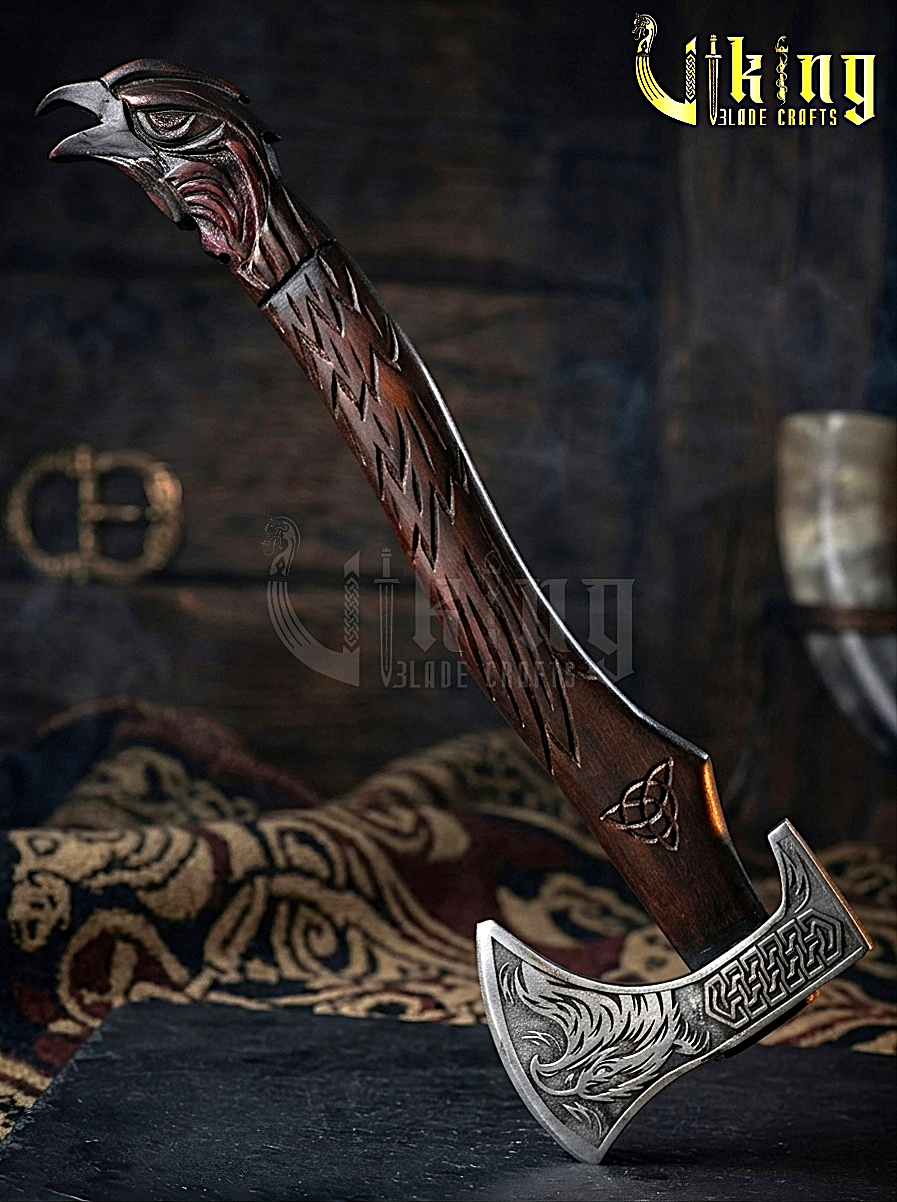 hand carved raven handle Viking axe inspired by Huginn and Muninn