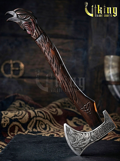 hand carved raven handle Viking axe inspired by Huginn and Muninn