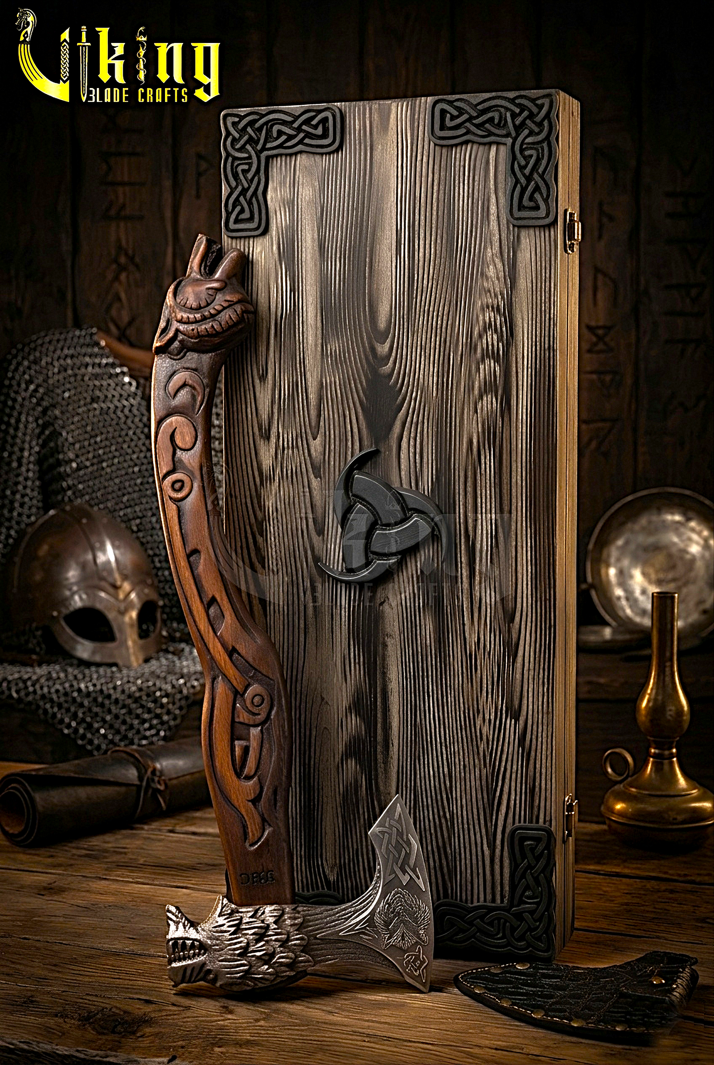 Norse mythology axe with Fenrir wolf carving and steel blade