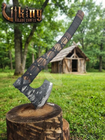True Hand-Forged Viking Bearded Axe 30" | Leather-Wrapped Hooked Skeggøx