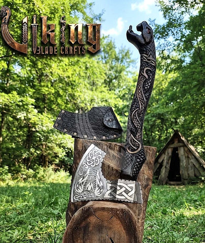 Hand-Forged Norse Serpent Carved Rosewood Axe 23" | Serpent Etched