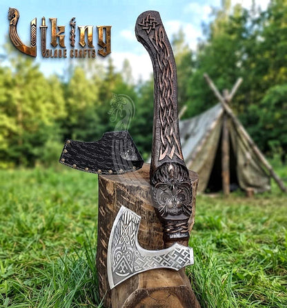Norse Owl 23" Rosewood Axe | Hand-Forged & Carved Viking Axe