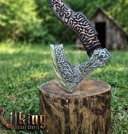 Hand-Forged 23" Norse Goat Carved Rosewood Axe | Goat Etched