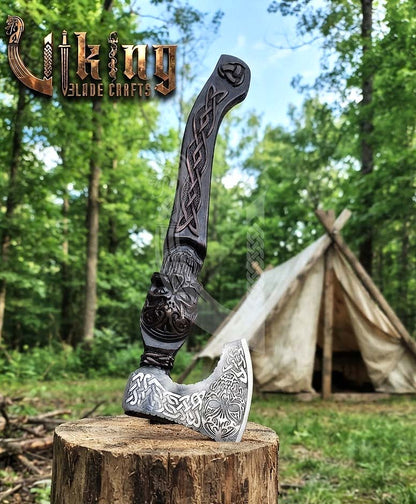 Hand-Forged 23" Norse Skull Carved Rosewood Axe | Skull Etched