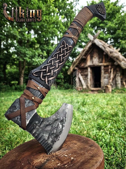 Hand-Forged Viking Bearded Axe 30" | Urnes-Style Knotwork Carved Ashwood
