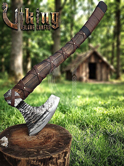 True Hand-Forged Viking Bearded Axe 30" | Leather-Wrapped Upswept Skeggøx