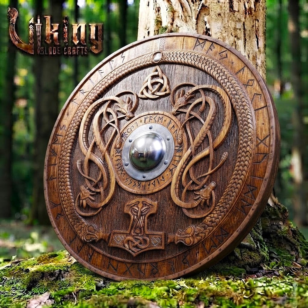 The Thunderer’s Bastion: Mjölnir & Twin Dragon Relief Viking Shield