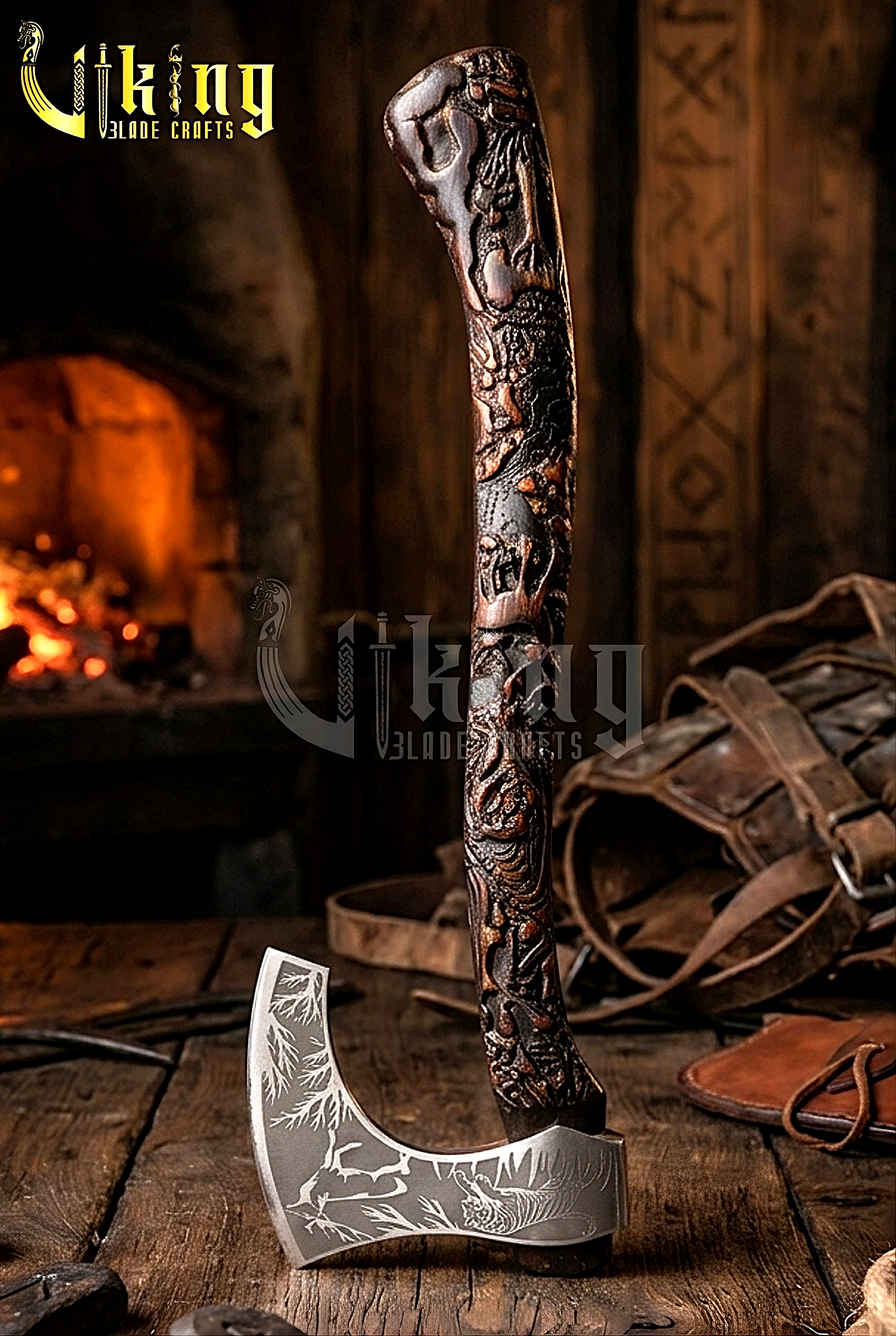 wildlife Viking axe with hand carved handle and forged steel blade