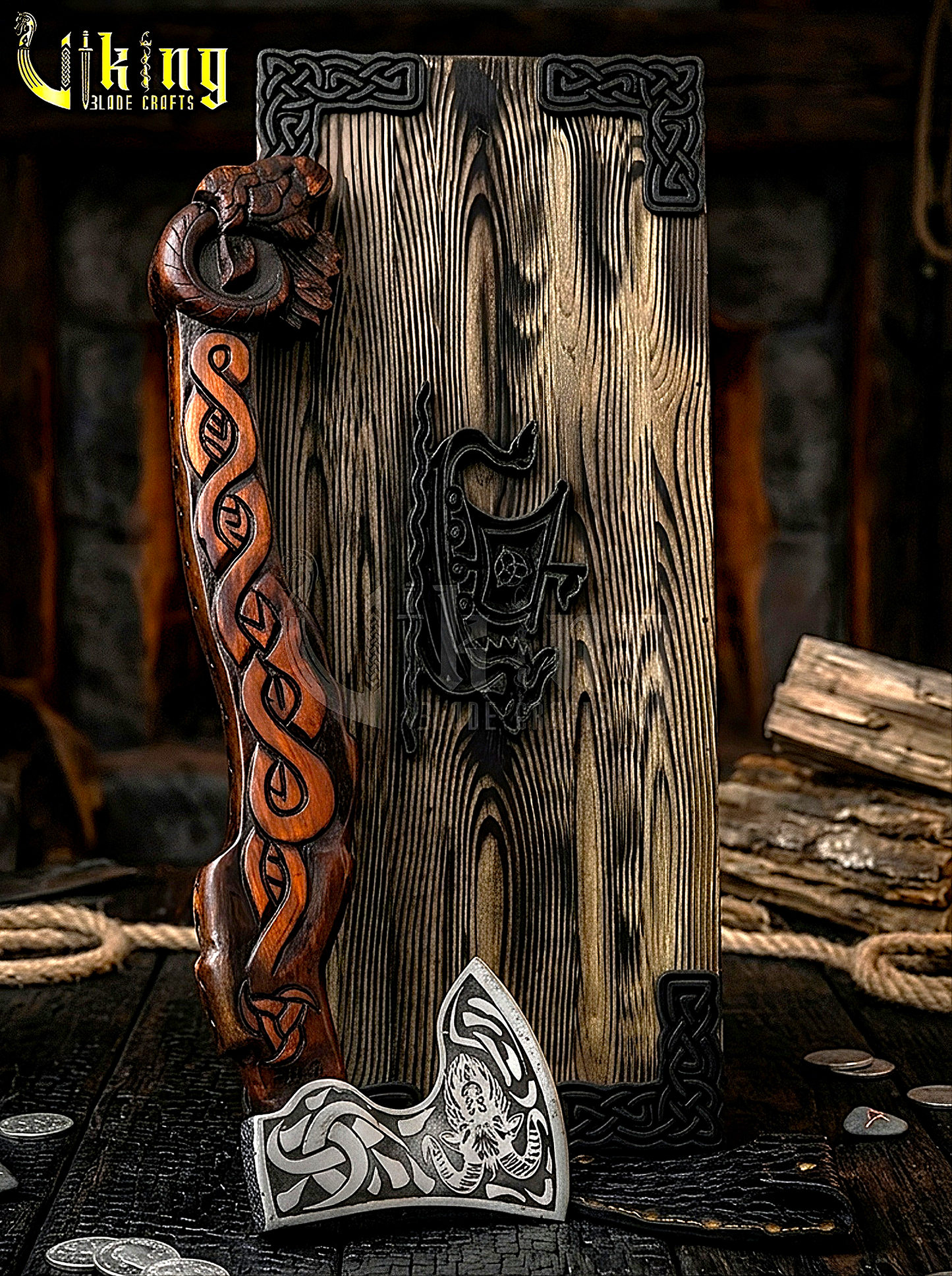 Norse goat axe with carved wood handle and steel blade