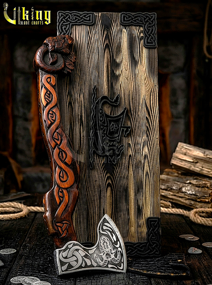 Norse goat axe with carved wood handle and steel blade