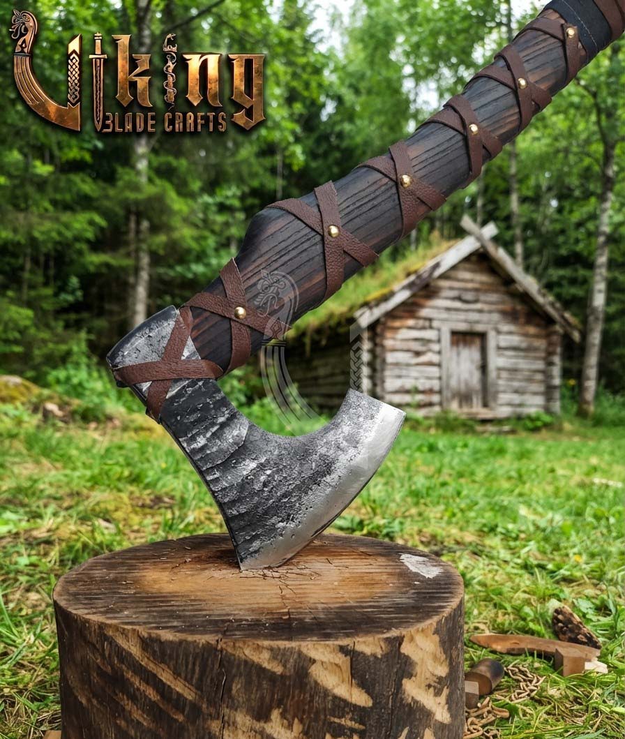 True Hand-Forged Viking Bearded Axe 30" | Leather-Wrapped S-Curve Skeggøx