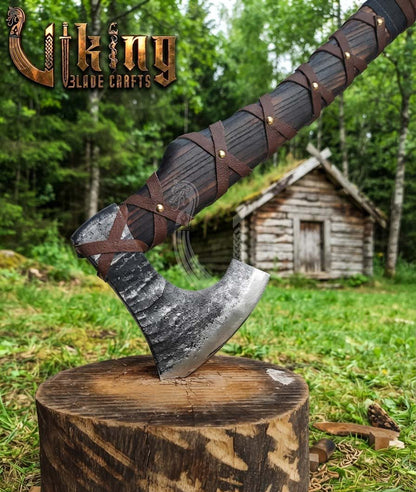 True Hand-Forged Viking Bearded Axe 30" | Leather-Wrapped S-Curve Skeggøx