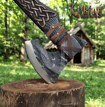 Hand-Forged Viking Bearded Axe 30" | Norse Knotwork Carved Curved Ashwood