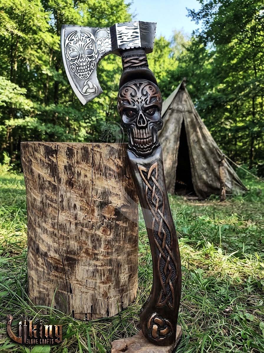 The Garmr’s Howl 23" Hand-Forged Skull Carved Rosewood Axe