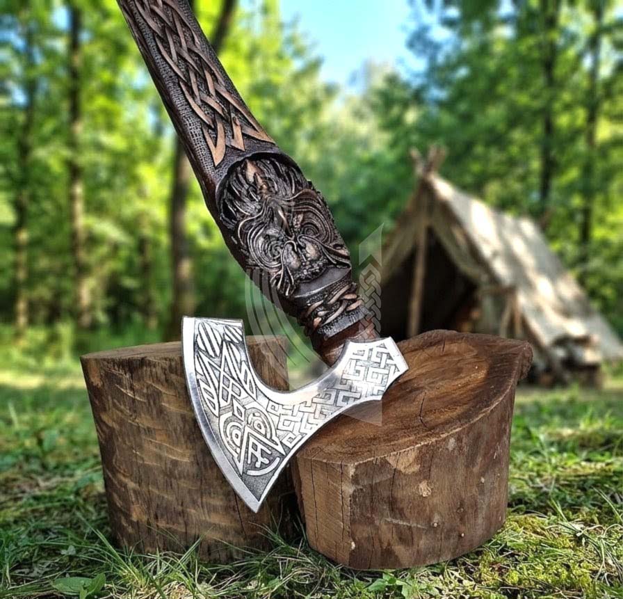Norse Owl 23" Rosewood Axe | Hand-Forged & Carved Viking Axe