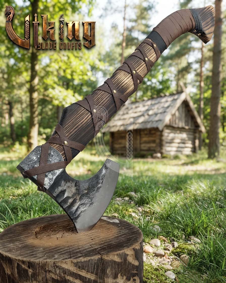 True Hand-Forged Viking Bearded Axe 30" | Leather-Wrapped Hammer-Peened Skeggøx