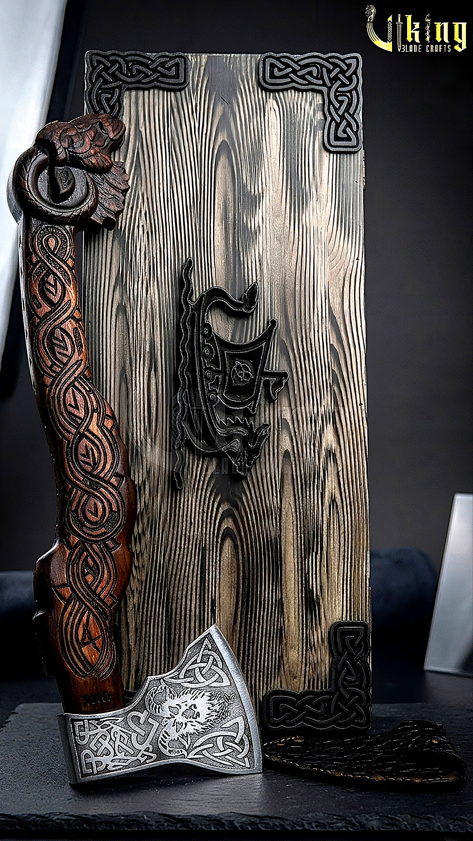forged steel Viking axe with custom carved raven handle
