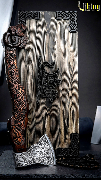 forged steel Viking axe with custom carved raven handle