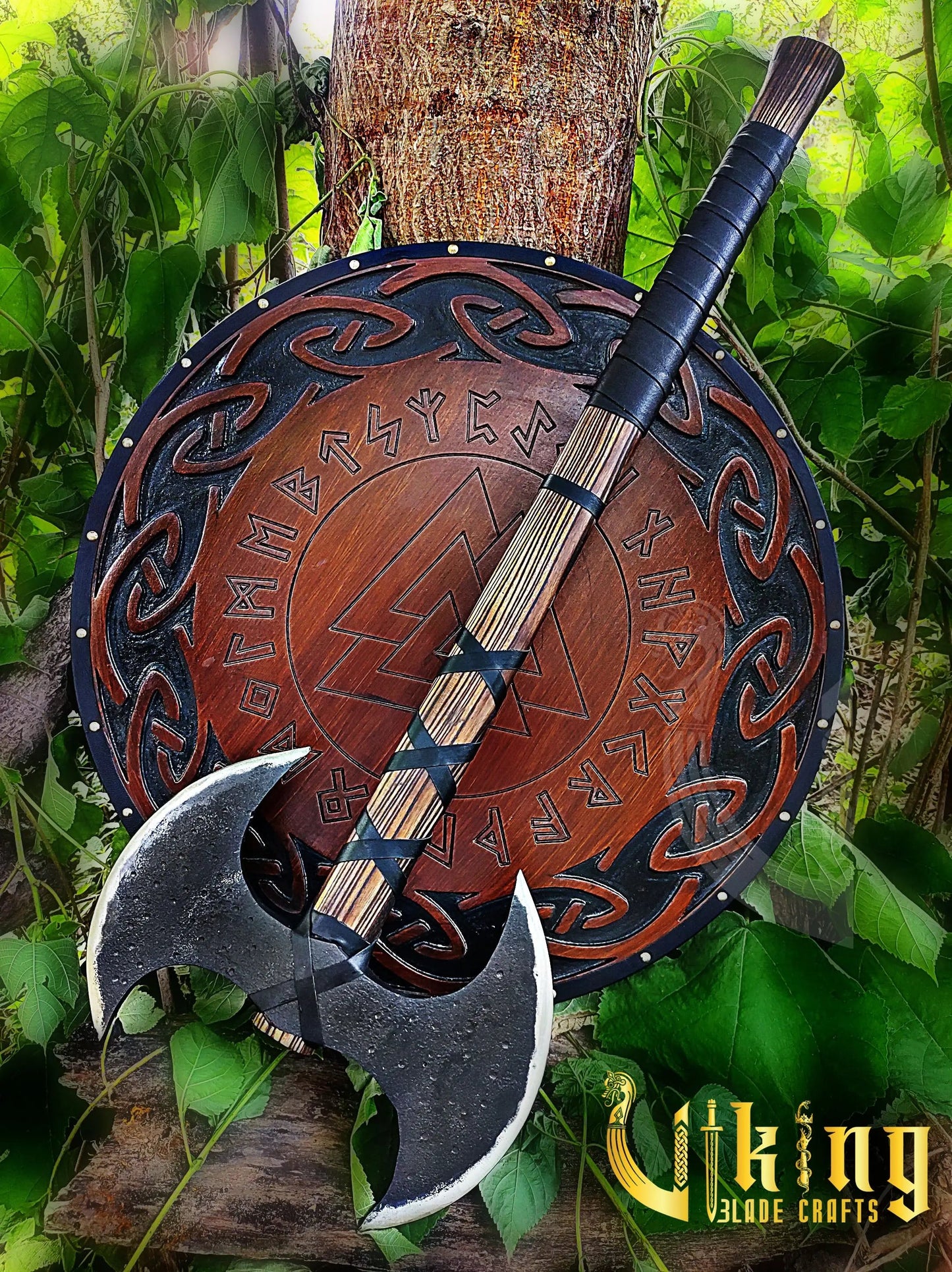 Viking Warrior Set: 33" Double-Headed Axe & Rune-Engraved Valknut Shield Viking_Blade_Crafts